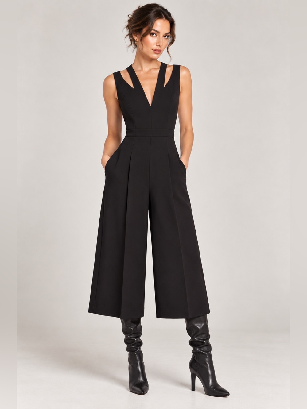 BCBGMaxAzria Black VNeck Wide Leg Jumpsuit Culotte Cropped Tailored Capris Sz XS - Picture 3 of 9